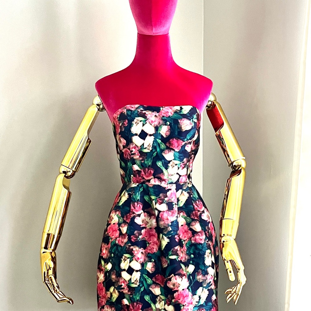 Strapless floral dress.